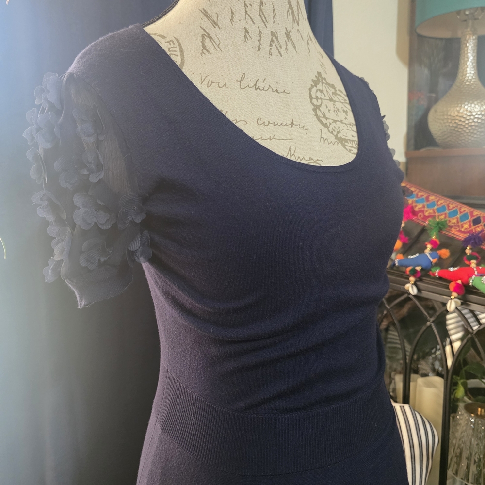 Draper James Navy Scoop Neck Knit Dress with Floral Mesh Sleeves